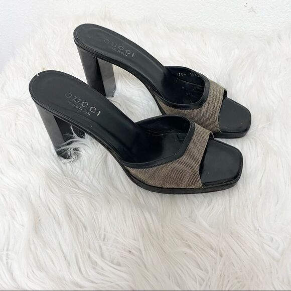 Gucci Shoes - GUCCI leather trim taupe canvas open chunky heel mule 7.5 EUR 38